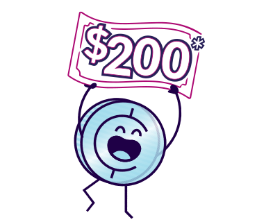 A coin character named Earnest holding a $200 sign.