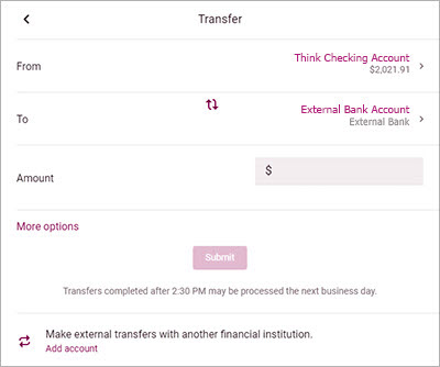 Screenshot of the Think Online transfer screen.